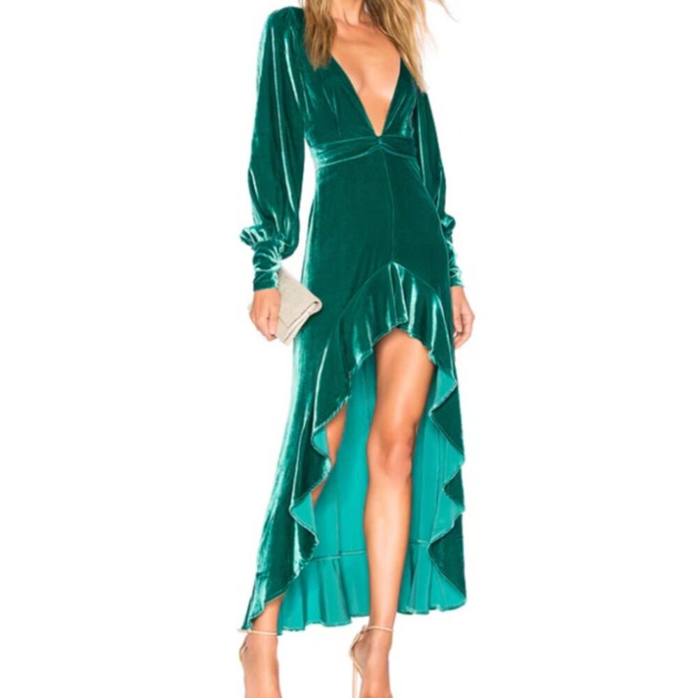 Revolve For Love & Lemons Viva Velvet Maxi Dress XS Deep V Open Back Emerald